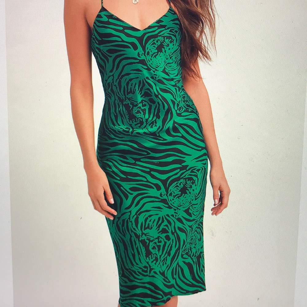 NWT Green Tiger Print Satin Midi Dress